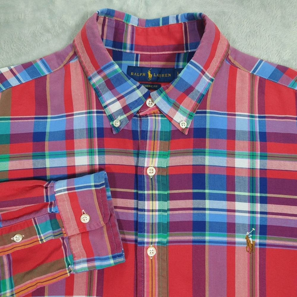Polo Ralph Lauren Oxford Shirt Mens L Classic Fit Button-Down Colorful Red Plaid